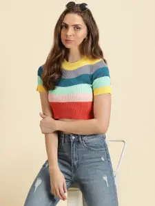 SHOWOFF Striped Knitted Acrylic Crop Fitted Top