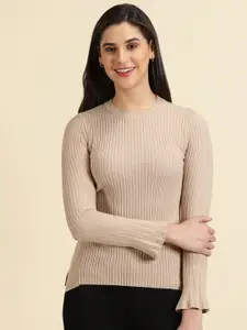 SHOWOFF Ribbed Acrylic Round Neck Long Sleeves Fitted Top