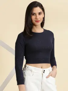SHOWOFF Embellished Extended Sleeves Fitted Cotton Crop Top