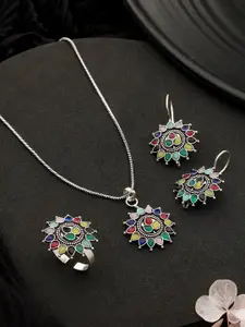 Saraf RS Jewellery Silver-Plated Oxidised Pendant & Chain Set With Ring