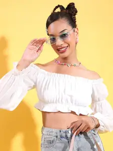 Tokyo Talkies White Off-Shoulder Puff Sleeve Bardot Crop Top