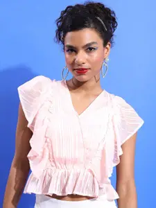 Tokyo Talkies Pink Self Design Flutter Sleeve Top