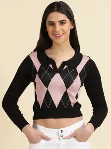 SHOWOFF Checked Acrylic Long Sleeves Crop Fitted Top