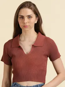 SHOWOFF Self Design Shirt Collar Fitted Crop Top