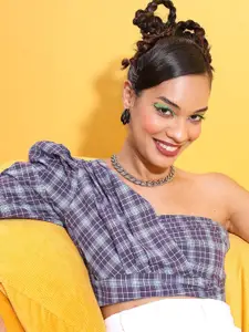 Tokyo Talkies Purple Checked One Shoulder Puff Sleeve Crop Top