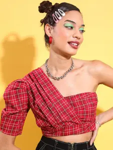 Tokyo Talkies Checked One Shoulder Casual Top