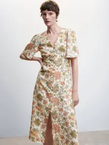 MANGO Floral Print Flared Sleeve A-Line Midi Dress
