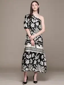 MANGO Floral Print One-Shoulder Puff Sleeve Satin Maxi Dress