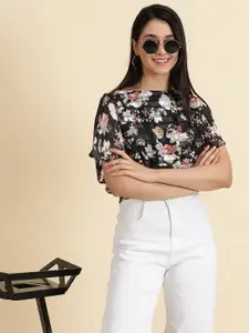 SHOWOFF Floral Printed Extended Sleeves Smocked Cinched Waist Top