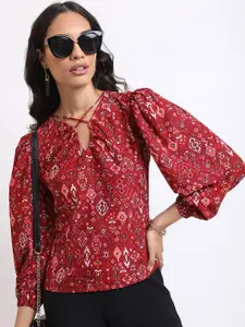 Tokyo Talkies Maroon Ethnic Motifs Printed Keyhole Neck Top
