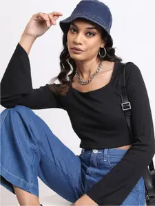 Tokyo Talkies Black Square Neck Long Raglan Sleeves Regular Top