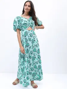 Tokyo Talkies Green & Black Floral Printed Puff Sleeves Cut-Out A-Line Maxi Dress
