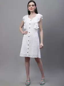 MARC LOUIS Self Design Flutter Sleeves Schiffli Cotton A-Line Dress