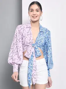 Trend Arrest Floral Printed Cuffed Sleeve Cotton Shirt Style Crop Top