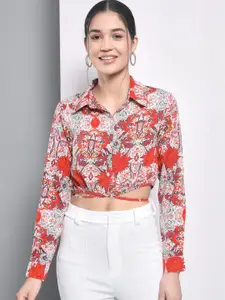 Trend Arrest Floral Printed Cuffed Sleeve Shirt Style Crop Top