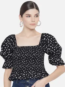 Trend Arrest Polka Dots Printed Square Neck Puffed Sleeves Smoking Crop Top