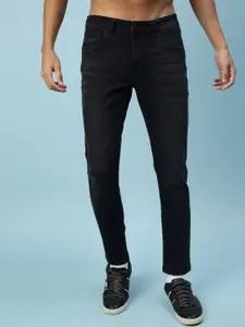 VEIRDO Men Original Black Mid Rise Whiskers Slim Fit Stretchable Cotton Cropped Jeans
