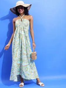 KETCH Geometric Printed Halter Neck Smocked Maxi Dress