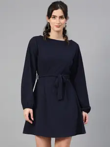 Kotty Navy Blue Puff Sleeves A-Line Dress With Belt