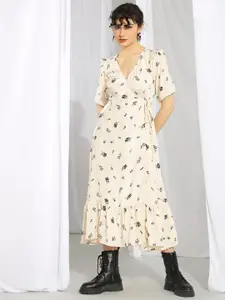 Kotty Cream & Black Floral Printed Wrap Midi Dress