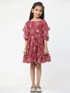 Ethnovog Purple Floral Print Georgette Fit & Flare Dress