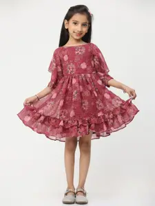 Ethnovog Purple Floral Print Georgette Fit & Flare Dress