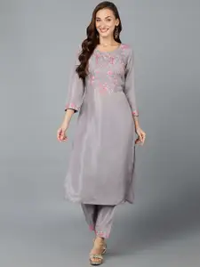 AHIKA Grey & Pink Floral Embroidered Sequined Straight Kurta