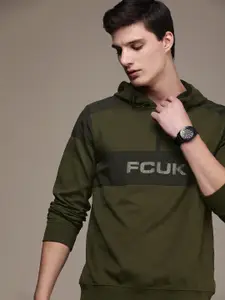 FCUK Brand Logo Printed & Colourblocked Hooded Sweatshirt