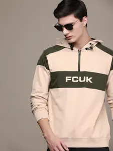 FCUK Brand Logo Printed & Colourblocked Hooded Sweatshirt