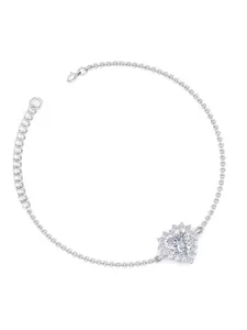 Inddus Jewels 925 Sterling Silver Rhodium-Plated Cubic Zirconia Heart shaped Link Bracelet