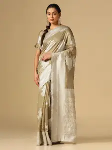 Satrani Beige & Silver-Toned Floral Woven Design Zari Banarasi Saree