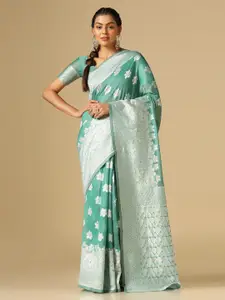 Satrani Sea Green & Silver-Toned Floral Woven Design Zari Banarasi Saree