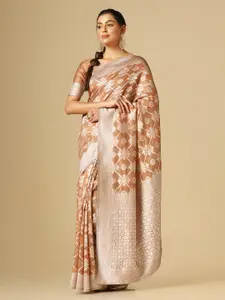 Satrani Brown & Silver-Toned Woven Design Zari Banarasi Saree