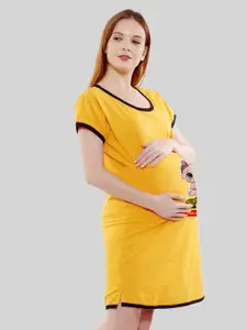 SillyBoom Women Mustard Yellow Printed Maternity Nightdress