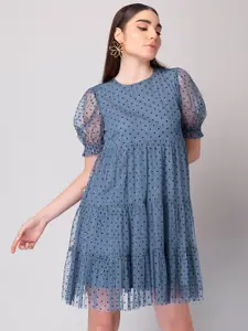 FabAlley Polka Dots Printed Puff Sleeve A-Line Dress