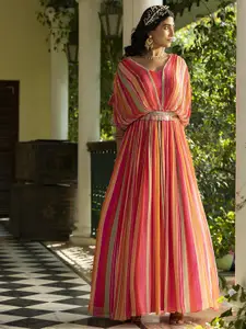 SCAKHI Striped Pure Chinon Silk Gown With Embellished Belt & Attached Cape