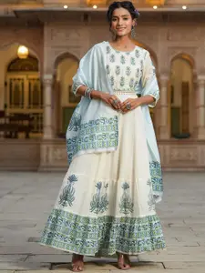SCAKHI Floral Print Cotton Dobby Flared Anarkali Dress With Dupatta & Belt