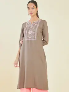 Soch Beige & Pink Notched Neck Floral Embroidered Straight Kurta