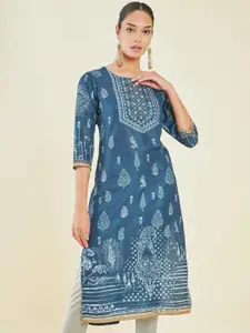 Soch Blue & White Ethnic Motifs Printed Sequined Straight Kurta