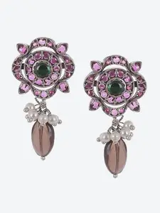 Biba Silver Plated Contemporary Oxidised Stone Studded Drop Earrings