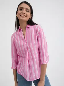 Pink Fort Vertical Striped Shirt Collar Cuffed Sleeves High Low Top