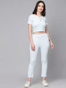 HILL STREET Round Neck Pure Cotton Crop Top And Trousers