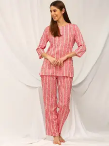 Bannos Swagger Pink & White Ethnic Motifs Printed Night Suit