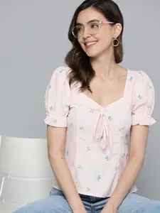 Mast & Harbour Mast & Harbour Floral Print Sweetheart Neck Puff Sleeves Crepe Top