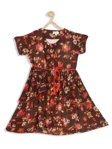 Bella Moda Girls Floral Printed Belted Pure Cotton Fit & Flare Dress