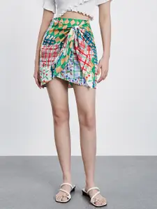 Urban Revivo Pure Cotton Geometric Print Tie-Up Front Wrap Skirt