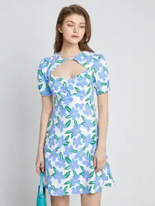 Urban Revivo Cut-Out Detail Floral Print Puff Sleeve A-Line Dress