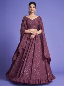 ODETTE ODETTE Violet & Silver-Toned Embroidered Sequinned Semi-Stitched Lehenga & Unstitched Blouse With Dupatta