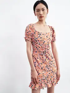 Urban Revivo Floral Print Puff Sleeve A-Line Mini Dress