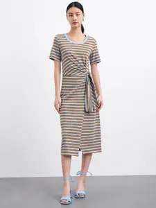 Urban Revivo Cotton High Slit Waist Tie-Up Striped T-shirt Midi Dress